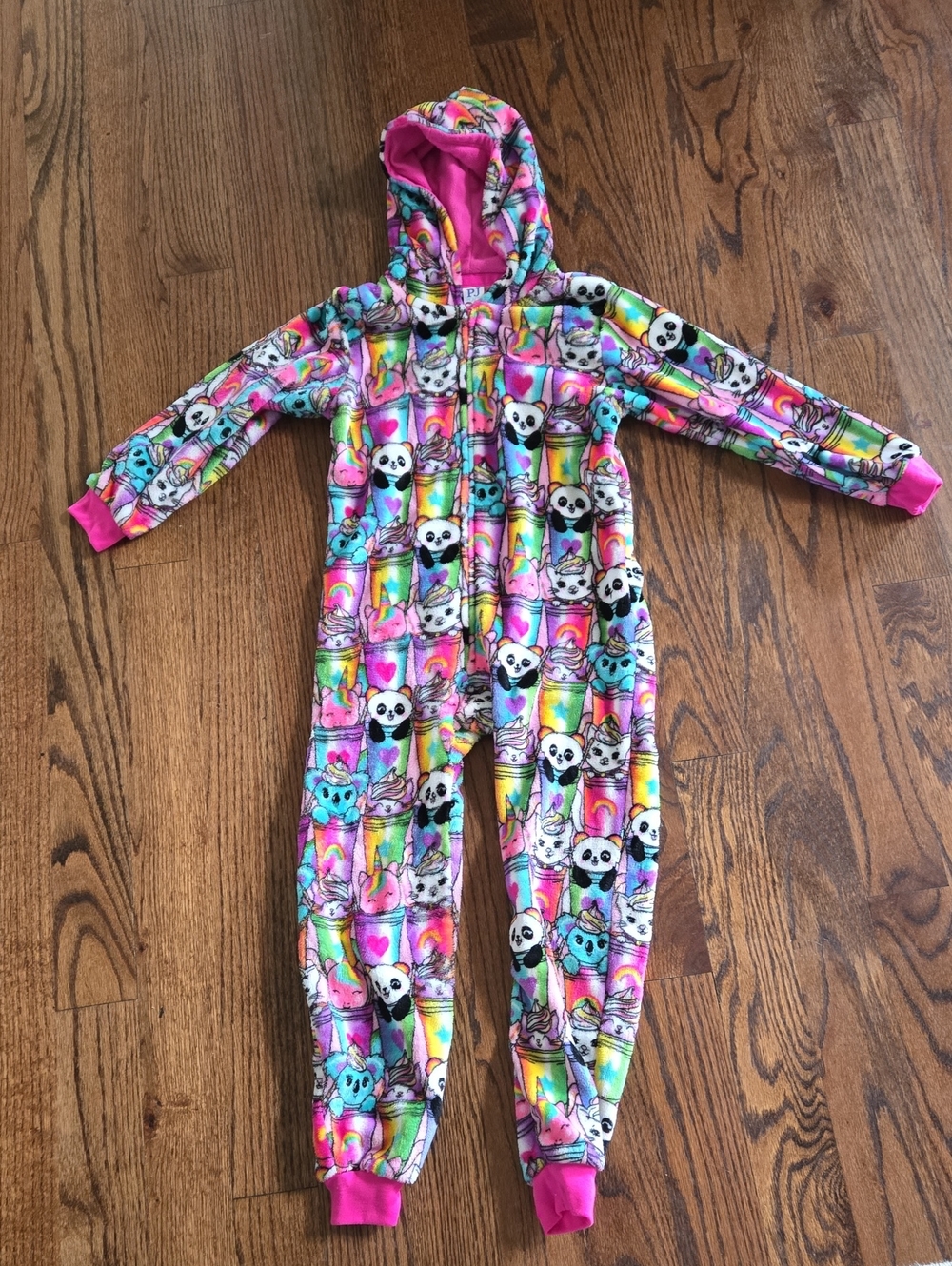 Kids Rainbow Animal Hooded One-Piece Pajamas - Pink Multi